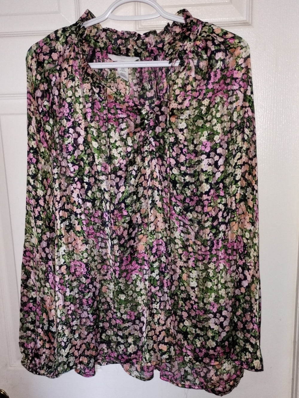 H&M Floral Chiffon Long Sleeve Blouse Ruffle Neck Pink Green Black XL